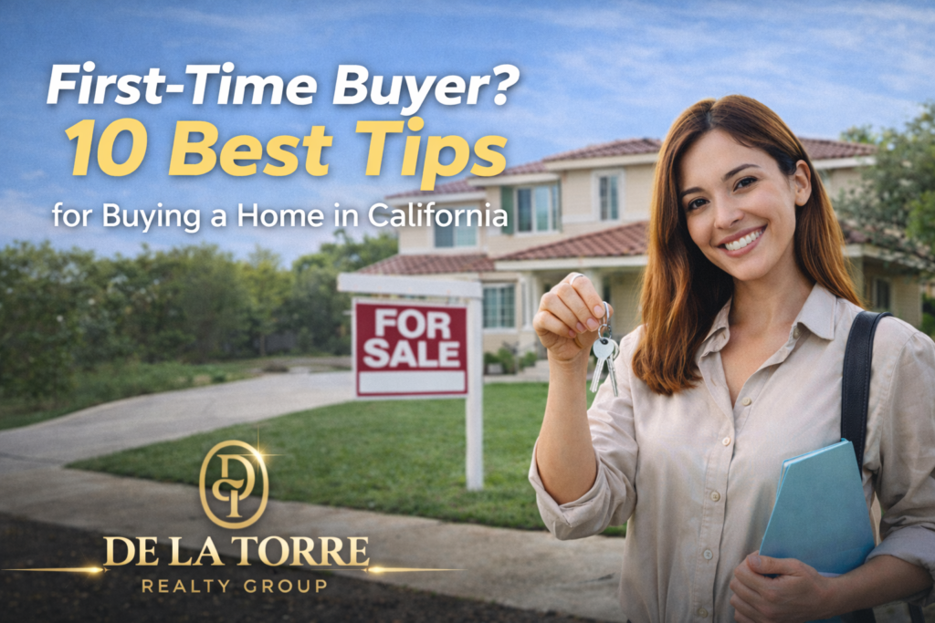 Smiling first-time homebuyer holding keys and a folder in front of a two-story California home with a 'For Sale' sign in the yard. The image features the text 'First-Time Buyer? 10 Best Tips for Buying a Home in California' and the De La Torre Realty Group logo at the bottom.